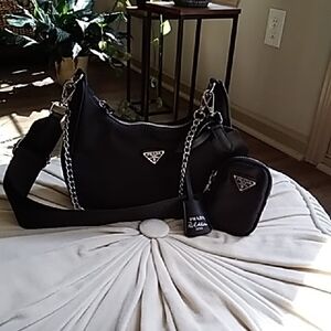 Black Nylon Shoulder Bag with Silver Chain and Coin Pouch